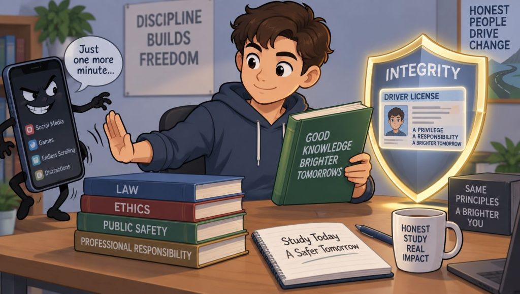 A student chooses to study from books instead of using a distracting smartphone, focusing on responsible driving.