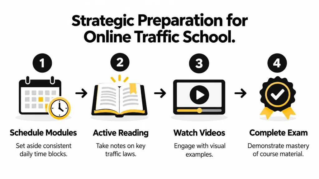 A four-step infographic showing how to strategically prepare for an online traffic school course.