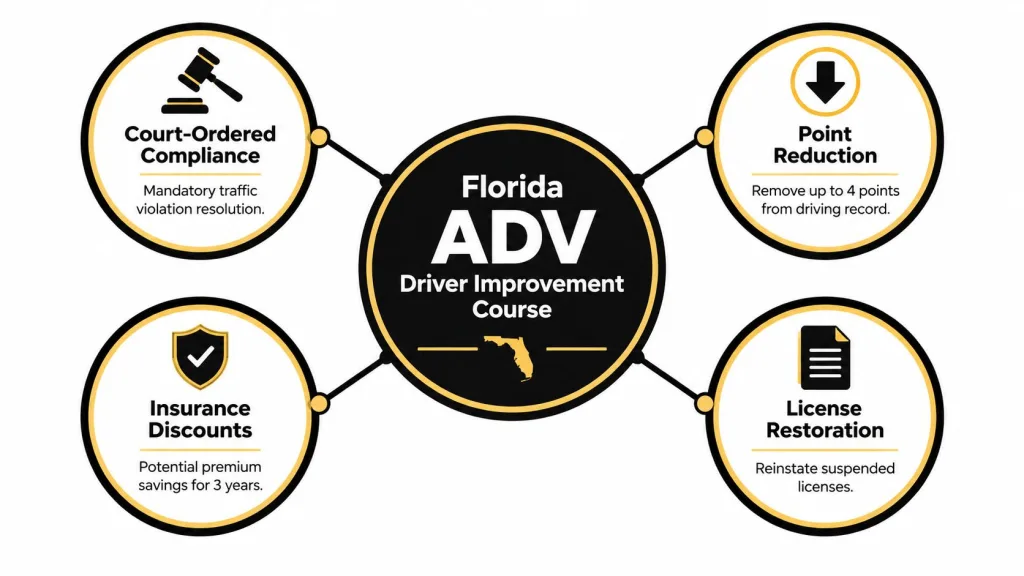 Graphic illustration of the benefits of a Florida Advanced Driver Improvement course including point reduction and insurance discounts.