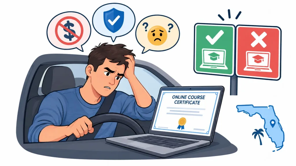 A confused driver looking at an online course certificate with Florida map and insurance icons nearby.