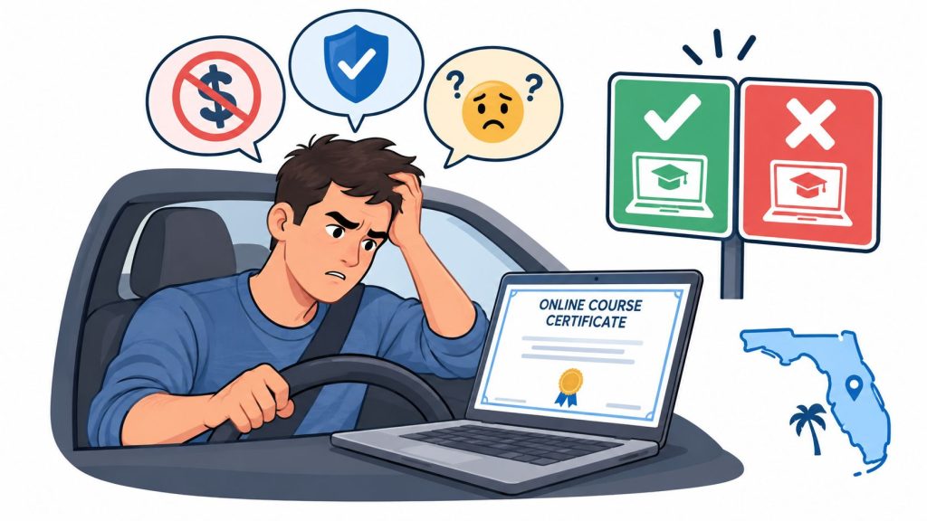 A confused driver looking at an online course certificate with Florida map and insurance icons nearby.