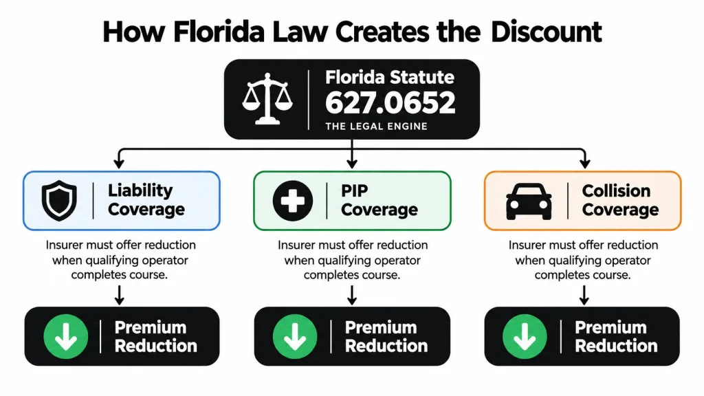A diagram illustrating how Florida Statute 627.0652 mandates insurance premium reductions for completing a defensive driving course.