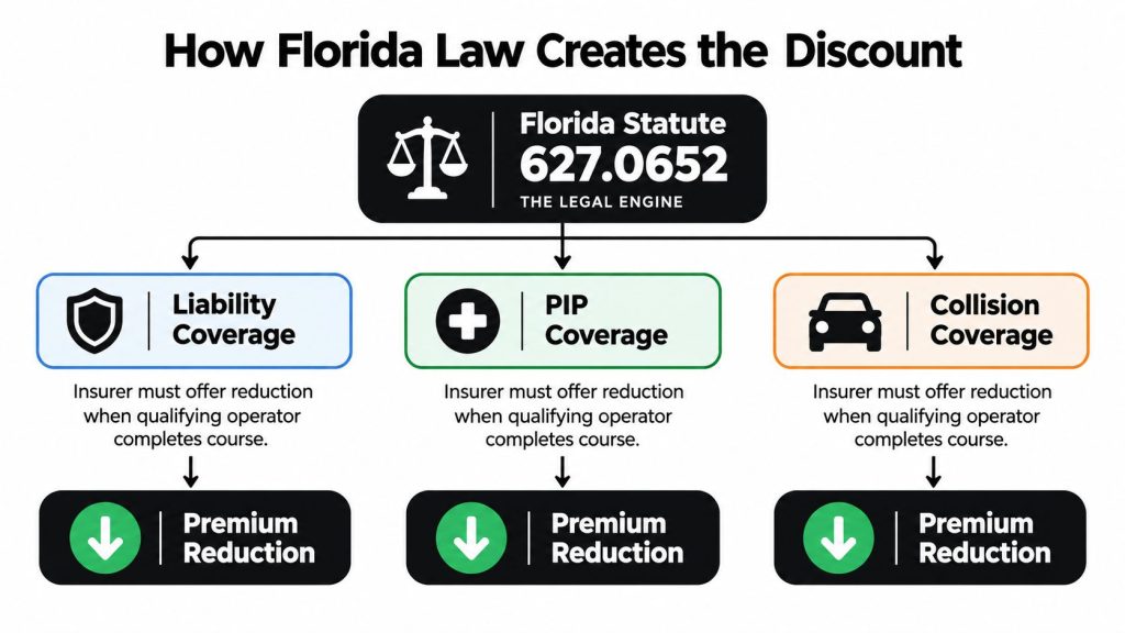 A diagram illustrating how Florida Statute 627.0652 mandates insurance premium reductions for completing a defensive driving course.