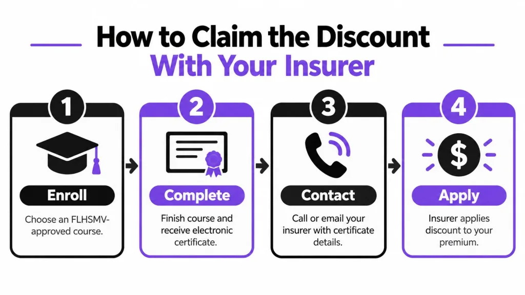 A four-step infographic explaining how to claim an insurance discount by completing a defensive driving course.