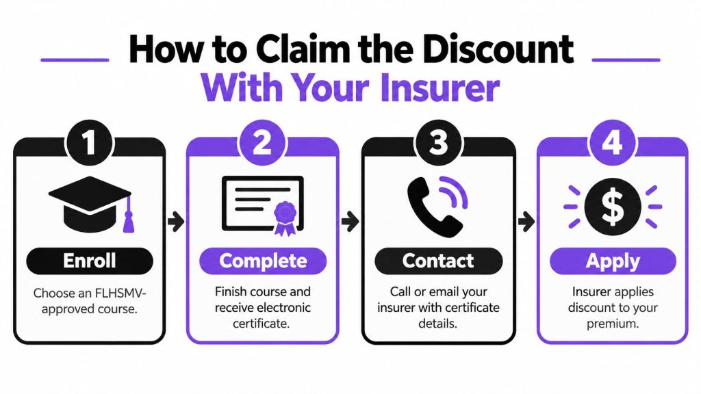 A four-step infographic explaining how to claim an insurance discount by completing a defensive driving course.
