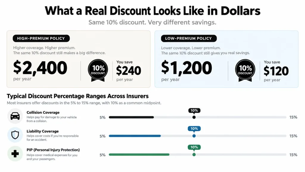 A chart illustrating how a 10 percent insurance discount results in different dollar savings based on policy premium costs.