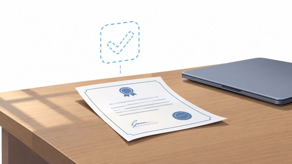 A digital illustration of a certificate lying on a wooden desk next to a closed laptop.