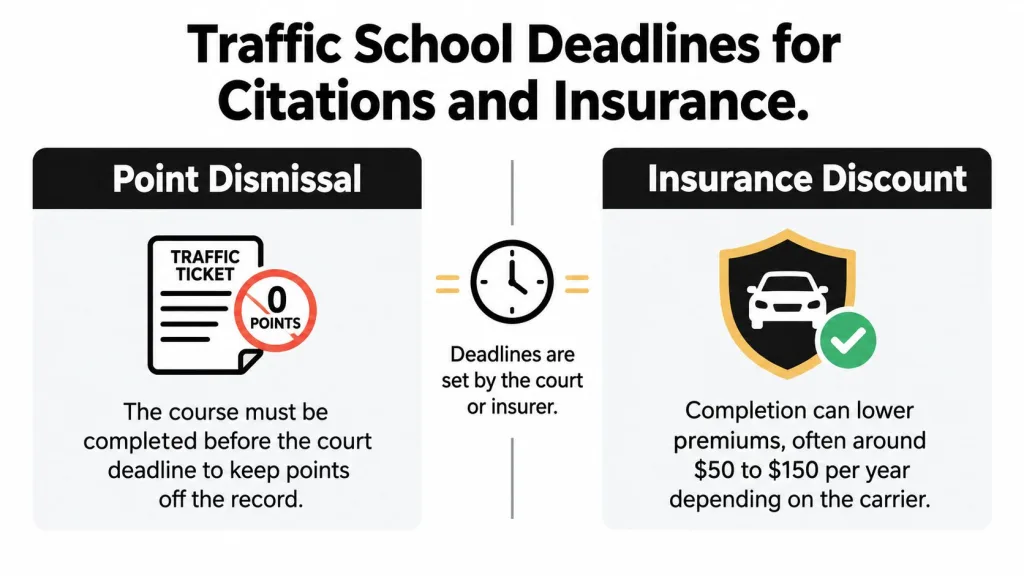 An infographic comparing traffic school deadlines for point dismissal and potential insurance premium discounts for drivers.