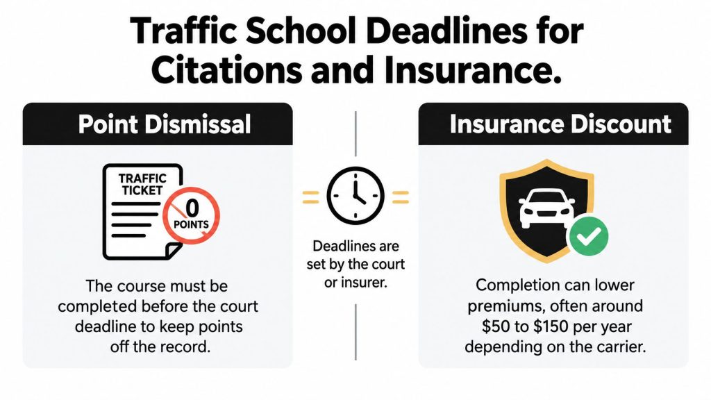 An infographic comparing traffic school deadlines for point dismissal and potential insurance premium discounts for drivers.