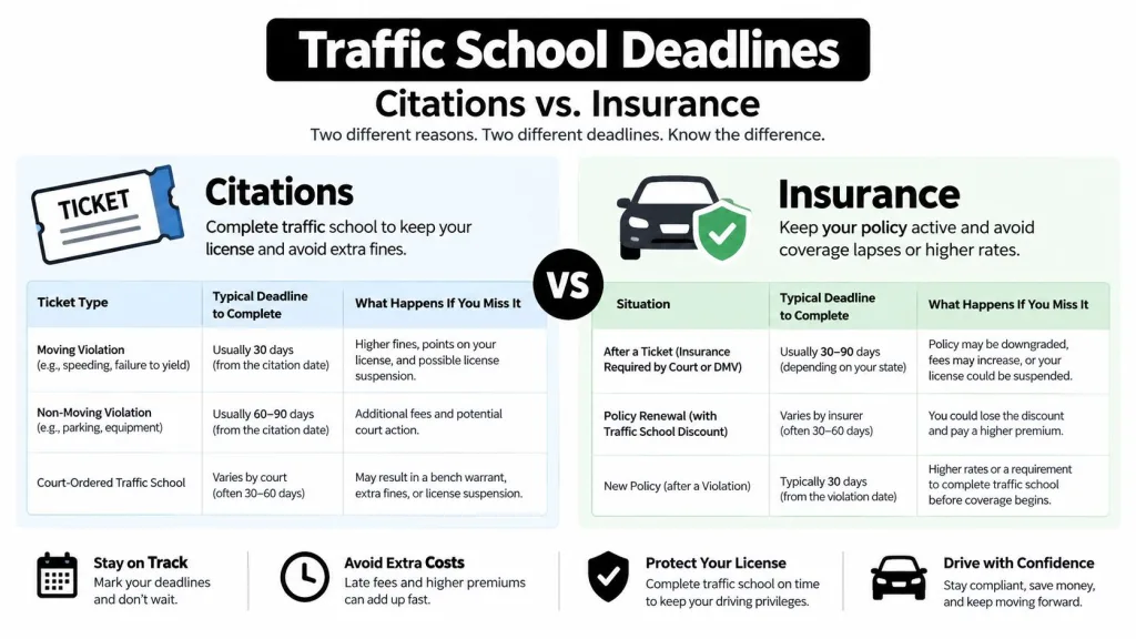 A comparison chart outlining traffic school deadlines for citations versus insurance and their respective consequences for drivers.