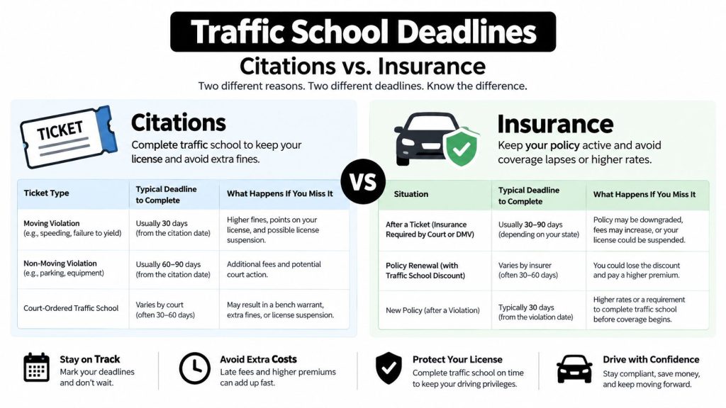 A comparison chart outlining traffic school deadlines for citations versus insurance and their respective consequences for drivers.