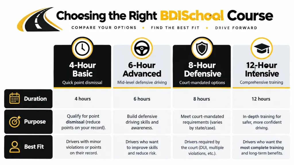 A comparison chart for BDISchool driving courses showing 4, 6, 8, and 12-hour options.