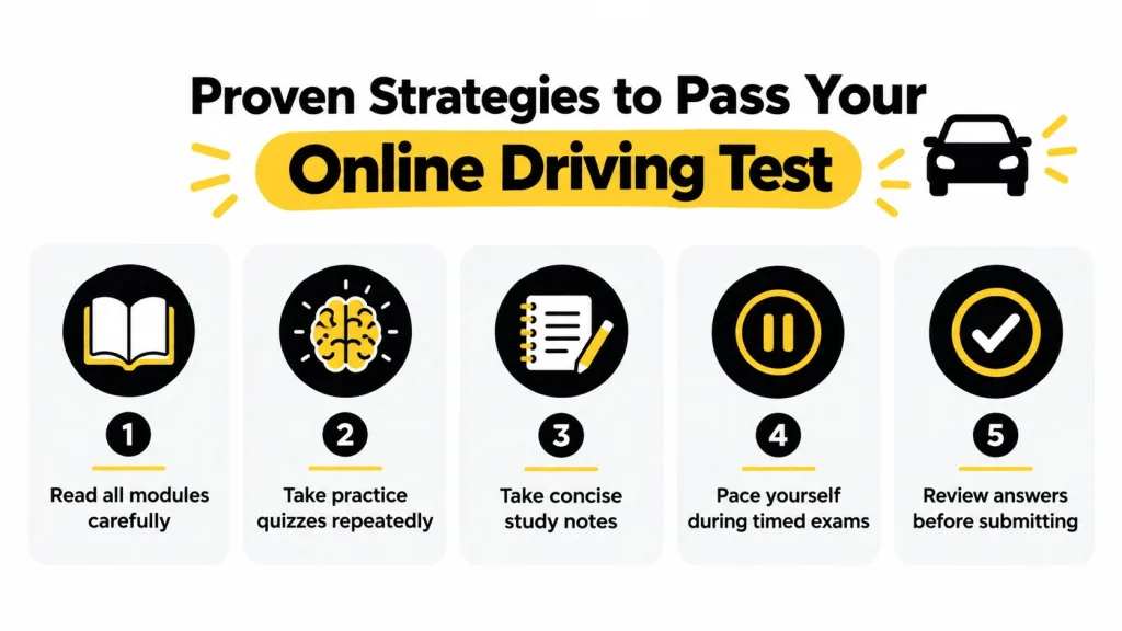An infographic showing five numbered steps for successfully passing an online driving test with simple icons.