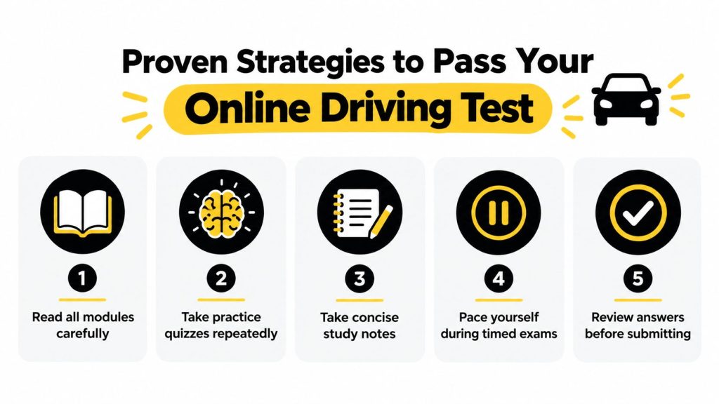 An infographic showing five numbered steps for successfully passing an online driving test with simple icons.