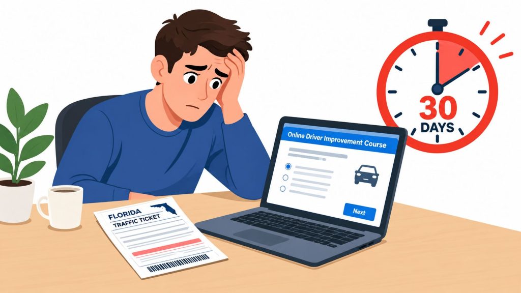 A stressed man taking an online driver improvement course at his desk next to a traffic ticket.