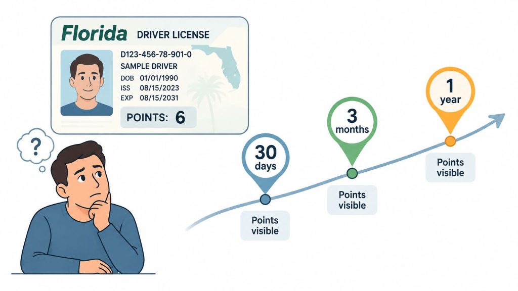 A concerned driver looking at a Florida license showing six penalty points and a timeline of consequences.
