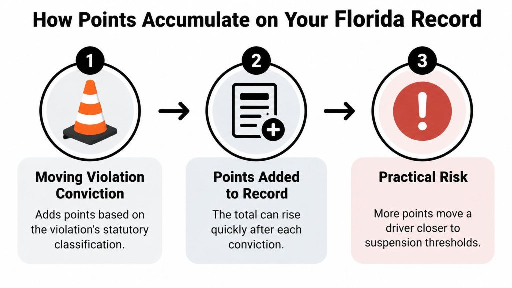 A three-step infographic showing how moving violations lead to points on a Florida driver's license record.