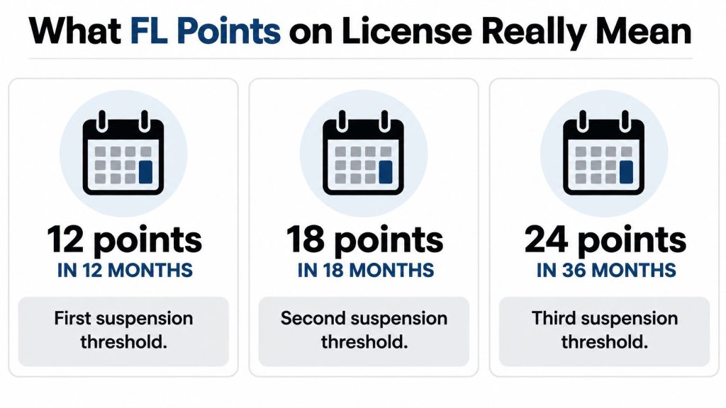 An infographic detailing the points system on a Florida driver license and their corresponding suspension thresholds.