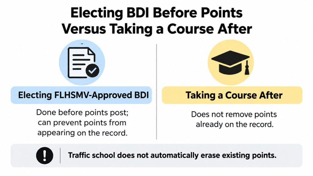 A comparison chart explaining the difference between electing BDI before or after points appear on a driving record.