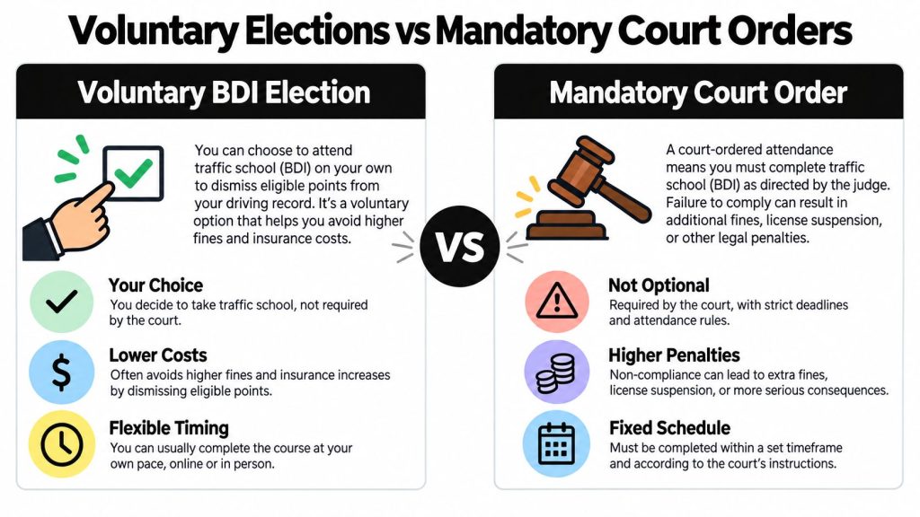 A comparison chart showing the differences between voluntary BDI traffic school elections and mandatory court orders.