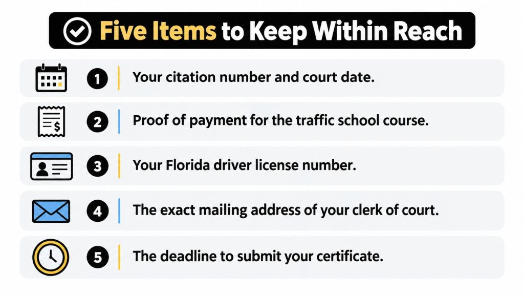 A list of five essential items to have ready when submitting a traffic school certificate in Florida.