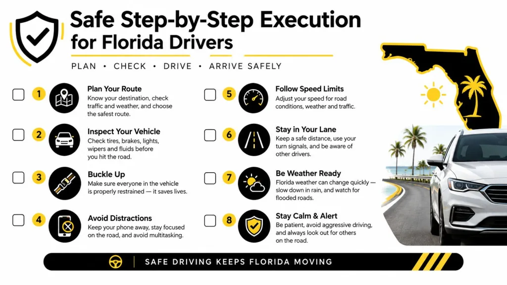 An infographic titled Safe Step-by-Step Execution for Florida Drivers offering eight essential safety tips for road travel.