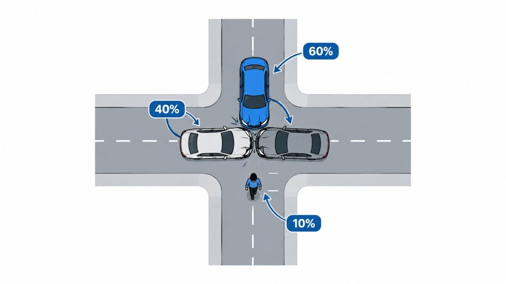 A diagram depicting a car intersection collision with percentage risks for different parties involved in the accident.