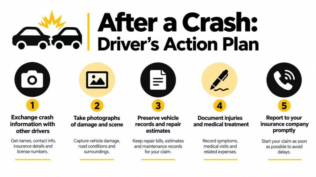 An infographic outlining five essential steps for drivers to take immediately following a vehicle accident.