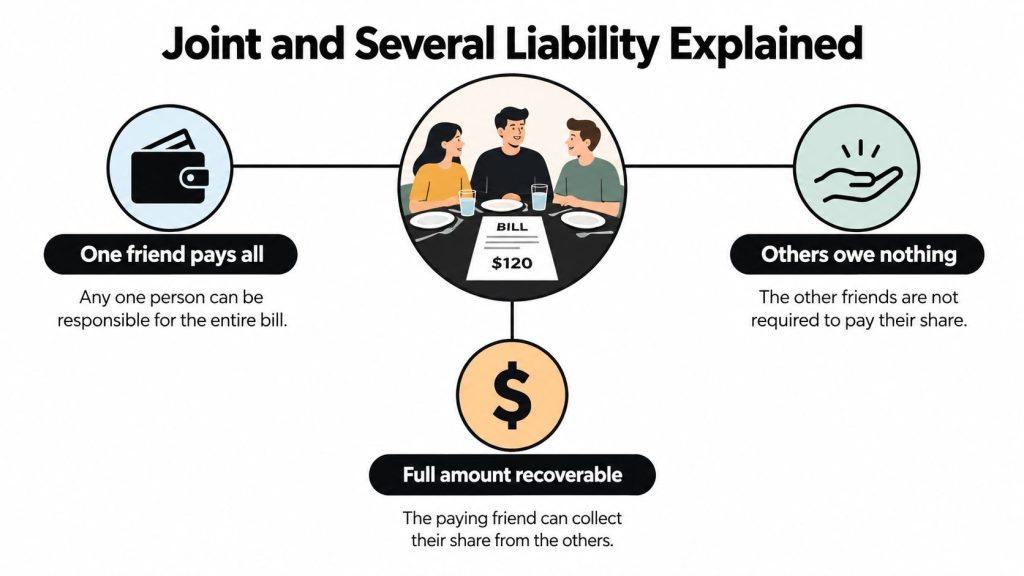 An infographic titled Joint and Several Liability Explained using a restaurant bill analogy to show shared responsibility.