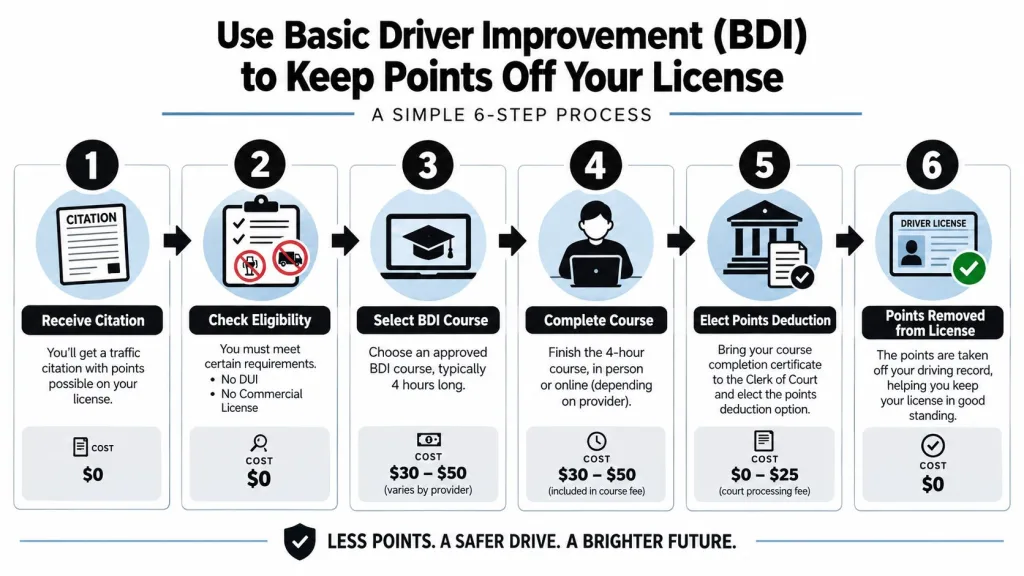 A six-step infographic explaining the process of using a Basic Driver Improvement course to remove points from a license.