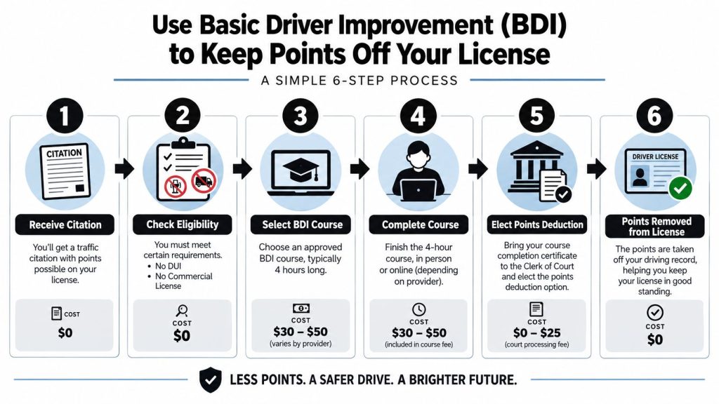 A six-step infographic explaining the process of using a Basic Driver Improvement course to remove points from a license.