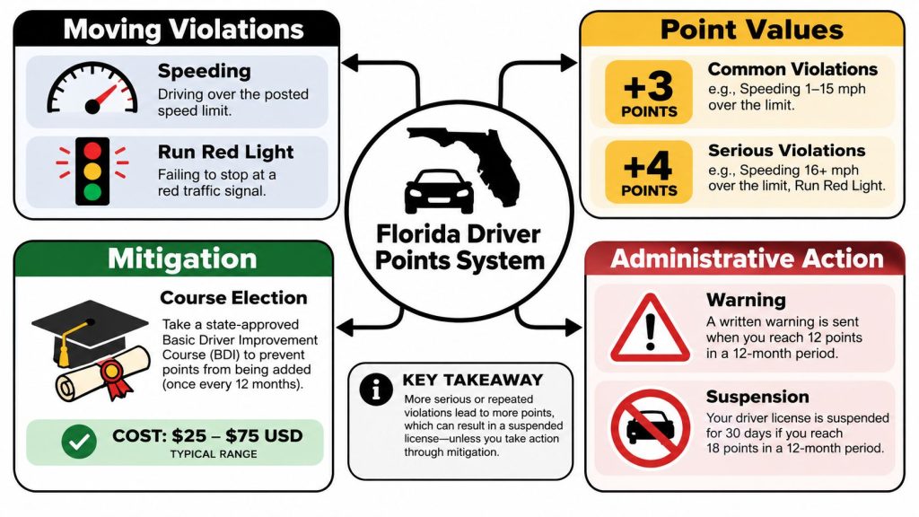 An infographic explain the Florida driver points system including violations, points, mitigation and administrative actions