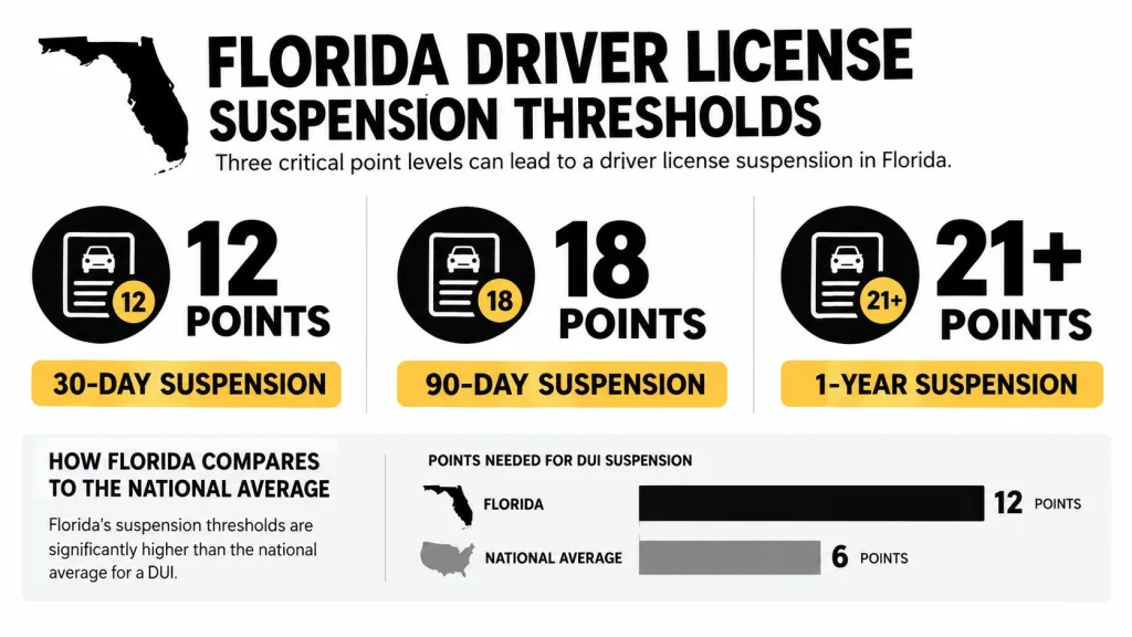 An infographic detailing Florida driver license point thresholds leading to license suspension for various traffic violations.
