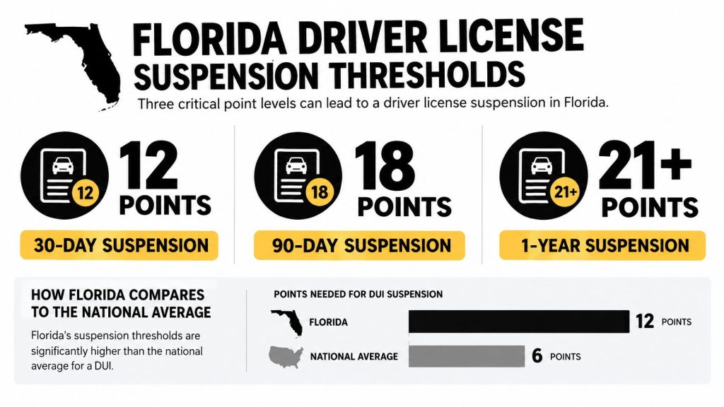 An infographic detailing Florida driver license point thresholds leading to license suspension for various traffic violations.