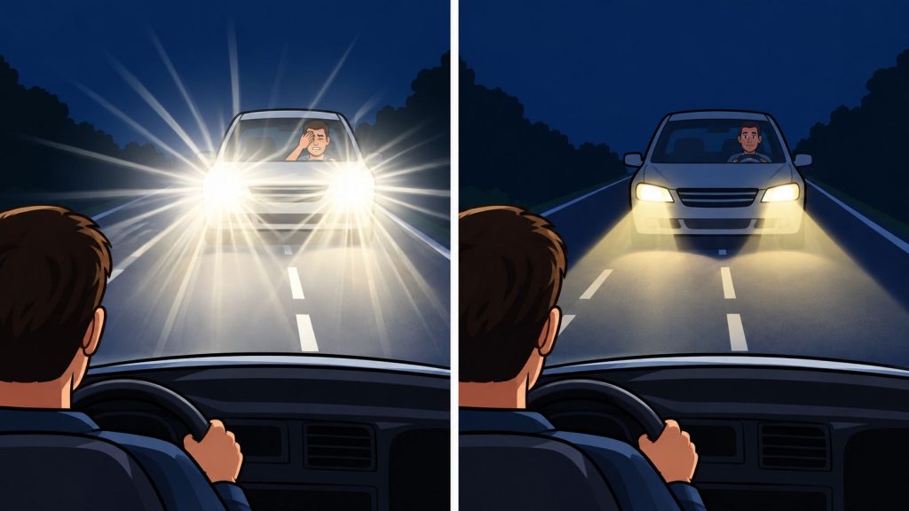 A split image showing a car driver blinded by high beam headlights versus using proper low beams.
