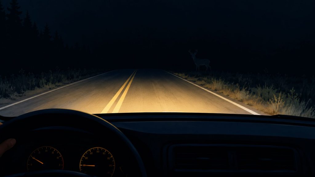 A view from inside a car at night showing headlights illuminating a deer standing near the road.
