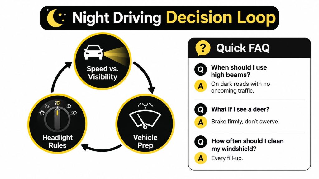 A diagram illustrating the Night Driving Decision Loop focusing on speed, headlights, and vehicle preparation for safety.