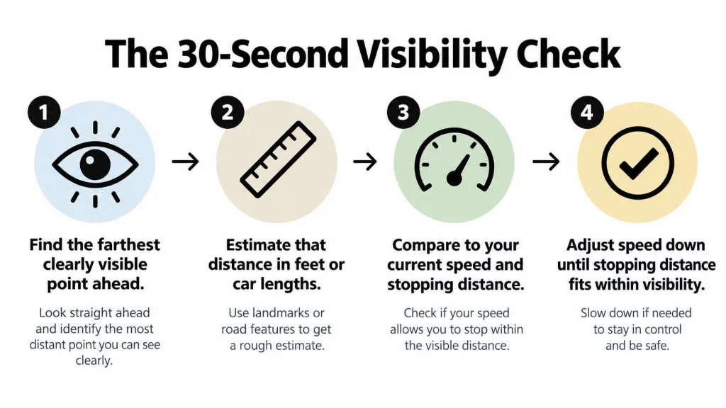 A four-step infographic illustrating the 30-second visibility check process for safe vehicle speed adjustment.
