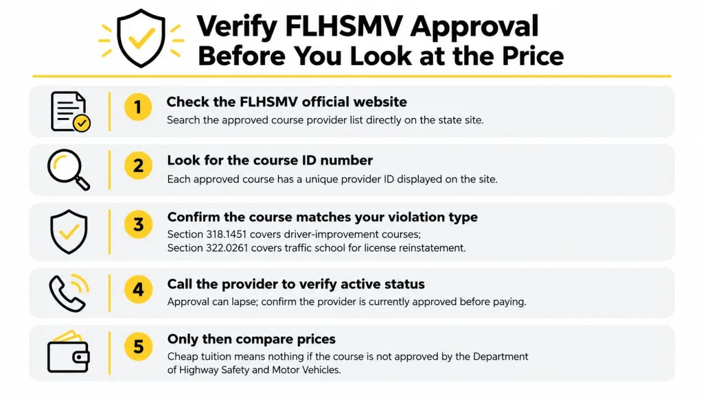 A five-step checklist guiding users on how to verify FLHSMV approval for traffic school courses.