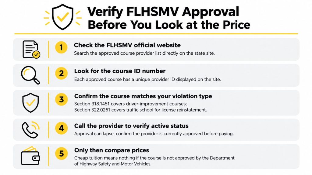A five-step checklist guiding users on how to verify FLHSMV approval for traffic school courses.
